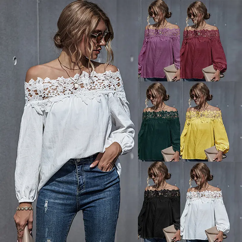 2021 Autumn and Winter New Women's Lace Stitching Sexy One-shoulder Puff Sleeve French Blouse Women