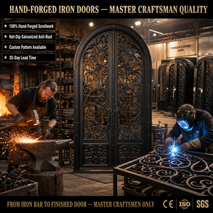 Porte en acier forgé européen rétro à double entrée avec vitrage pour cour de villa, taille personnalisée - Product Image 3