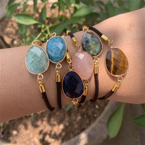 Summer Collection Double Side Faceted Natural Stone Oval <strong>Gold</strong> Charm Adjustable Handmade <strong>Bracelet</strong> for <strong>Kids</strong> Girl Woman and Man - Product Image 1