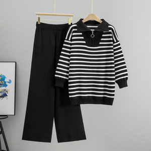 Women's Striped Knit <b>Sweater</b> <b>Set</b> With High Waist Wide Leg Pants Autumn Winter Outfit 50-70 Size Polyester Cotton Material - Product Image 3