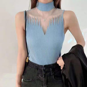Camiseta sin mangas para mujer, chaleco de medio Cuello, suéter sin mangas para mujer, ropa de calle recortada elegante, Top de punto de malla ajustada sólida - Product Image 4