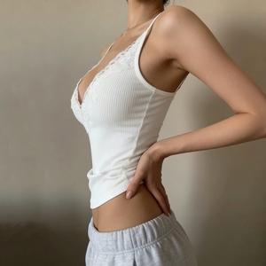 039 New Lace Patcwork Vneck Waist <strong>Cinced</strong> Knit Camisole Top - Product Image 2