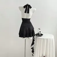 Robe à pois pour femmes, col en V, décolleté halter, taille ajustée, noire, tenue décontractée d'été