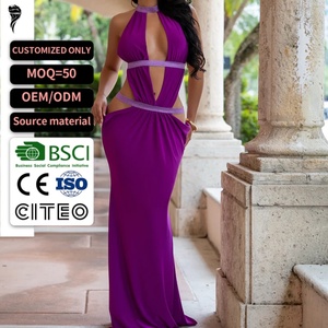Robe longue moulante violette à découpes et col halter pour femme, nouvelle collection 2026, avec garniture scintillante, robe de soirée, service OEM ODM personnalisé - Product Image 1