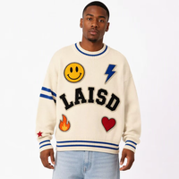 Pull-over personnalisé pour homme, style universitaire, col rond, 100% coton, crème avec bordure bleue, patch, streetwear, hiver, vente en gros, OEM, ODM