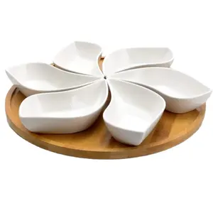 Mangkuk bumbu keramik Set hidangan pembuka bumbu, 7 buah, bergelombang bulat putih dan bambu alami