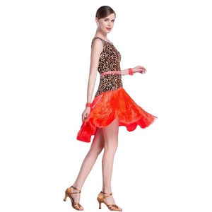 LP-1806 vestido de práctica de baile latino con borlas de tela elástica con estampado de leopardo, falda estándar nacional para práctica de corrida de toros para adultos y mujeres - Product Image 2
