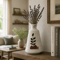 Vase en papier mâché fait main, base crème, motif feuille or, texture ondulée, décoration écologique pour étagère