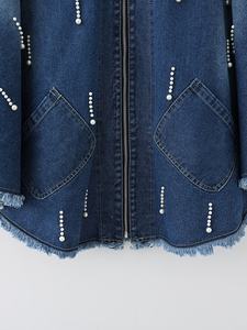 Embellished <b>Loose</b> Denim Coat | Women's Casual Cloak-Style Jacket Zipper Non-Stretch Fabric Solid Color Spring/Fall Season - Product Image 4