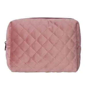 กระเป๋าเครื่องสำอางสีชมพูแบบกำหนดเองสำหรับผู้หญิงกระเป๋าเครื่องสำอางลายตารางเพชรแบบพกพา