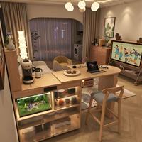 Bureau multifonctionnel en bois clair avec aquarium intégré, table basse et étagère de rangement pour salon et appartement