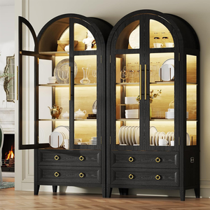 Vitrine élégante en bois de chêne <span class=keywords><strong>noir</strong></span> avec arceaux en verre, éclairage LED chaud, double porte, étagère de rangement, bibliothèque écologique pour <span class=keywords><strong>salle</strong></span> à <span class=keywords><strong>manger</strong></span> - Product Image 1