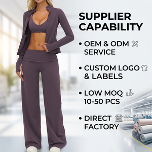 Conjunto de Yoga de Tres Piezas Color Morado Ciruela Premium para Mujer, con Chaqueta con Cierre, Sujetador Halter y Pantalones Anchos para Fitness Profesional - Product Image 5