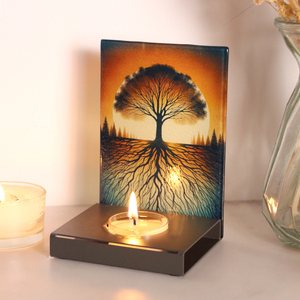 Petits porte-bougies rectangulaires en métal, imprimés UV, motif oiseaux et arbre de vie, en verre teinté, pour bougies chauffe-plat, Noël - Product Image 1