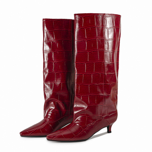 Custom Style Wide Top on Long Booties Low <b>Heels</b> Stone Print Shoes Women's Pointed Toe Knee High Boots - Product Image 2