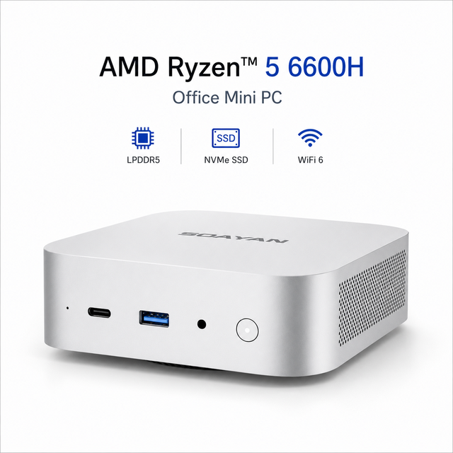 Office Mini PC AMD Ryzen 5 6600H LPDDR5 RAM M.2 NVMe SSD WiFi 6 Compact Desktop Computer Windows 11 Pro/Linux