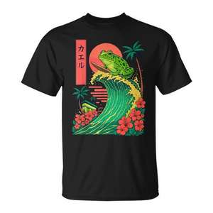 T-shirt japonais Frog Surfing noir à col rond avec design graphique pour hommes et femmes, vêtements décontractés - Product Image 1