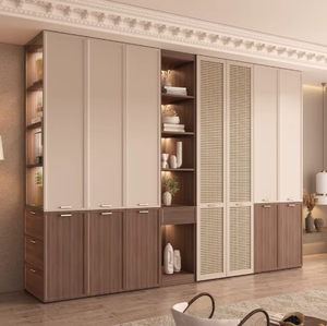 Armoire en bois massif de style <span class=keywords><strong>mi</strong></span>-siècle pour la chambre à coucher à domicile, petit appartement avec portes en rotin tressé, grand placard combiné - Product Image 3