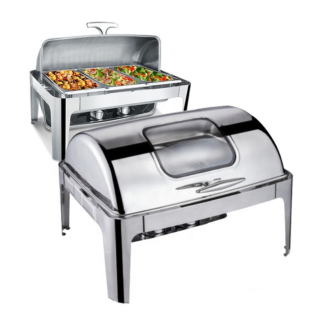 Best Quality Rectangle Restaurant Serving Metal Buffet Full Size Stainless Steel Roll Top Chafing Dish