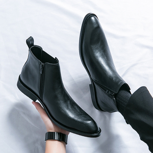 Bottes <span class=keywords><strong>Chelsea</strong></span> en cuir synthétique pour hommes Bottes <span class=keywords><strong>Chelsea</strong></span> d'automne en cuir imperméable à bout Piont noir avec talon carré - Product Image 2