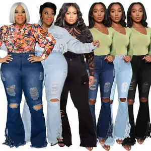 BR1878 XL à 5XL Plus Size Lady's Sexy Nightclub Wear Flare Leggings en denim déchiré jeans en tissu pour les femmes