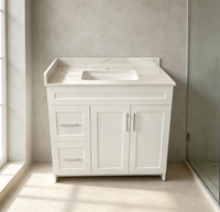 Meuble-lavabo moderne de style nord-américain (Canada, États-Unis), entièrement assemblé, avec vasque en pierre blanche, à poser au sol, en MDF résistant à l'eau