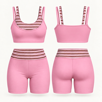 Ensemble de yoga 2 pièces pour femme avec logo personnalisé, comprenant un soutien-gorge de sport superposé à rayures et un short de fitness pour la gym, l'entraînement et le Pilates