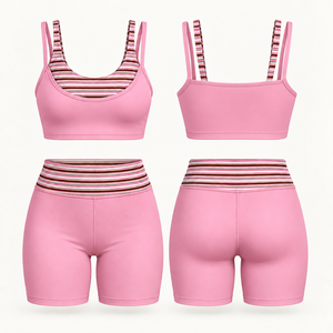 Set Yoga da Donna Personalizzato con Logo, 2 Pezzi, Top Sportivo <span class=keywords><strong>a</strong></span> Strisce Stratificato e Pantaloncini da Palestra, Fitness e Pilates - Product Image 6