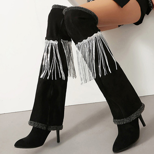 Bottes hautes à franges pour femme, grande taille 45, en daim et fourrure, à revers, bout pointu, talons aiguilles - Product Image 2