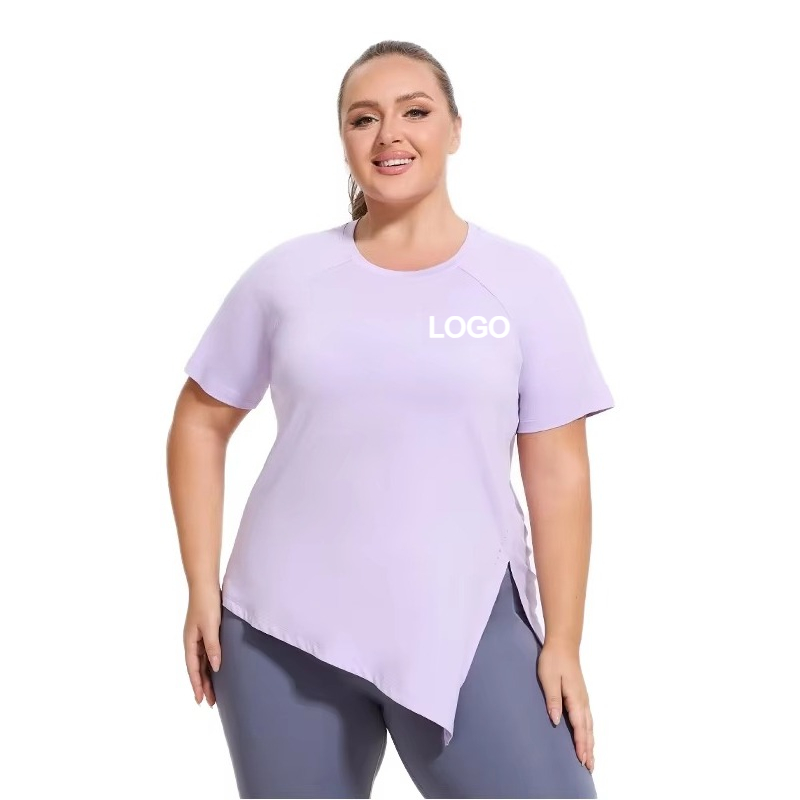 Support Custom logo Plus Size Women's Yoga Top Short-sleeve T-shirt Split Hem Loose Workout Shirt for Running Pilates Gym