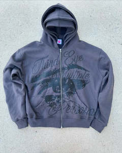 Felpa con Cappuccio Personalizzata OEM di Lusso, Grigio Antracite, Tripla Strato, Zip Frontale, per Uomo, Pesante 500GSM, Cotone, Stile Y2K Grunge Streetwear - Product Image 2