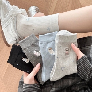 <span class=keywords><strong>Chaussettes</strong></span> mi-mollet pour femmes style ballet français, motif chiot de dessin animé mignon, style Mori avec nœuds - Product Image 1