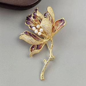 Chinese Style Enamel Lotus Brooch Gold Red Flower Pin Women's Fine Jewelry Everyday Wear Accessory - Product Image 4