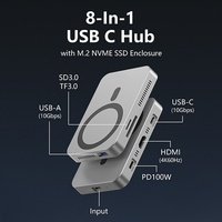 Hub USB-C magnétique 8-en-1 avec alimentation PD 100W et boîtier SSD M.2 NVMe, USB 3.2 Gen2 10 Gbps, 4K, 60 Hz, lecteur de cartes SD/TF double.