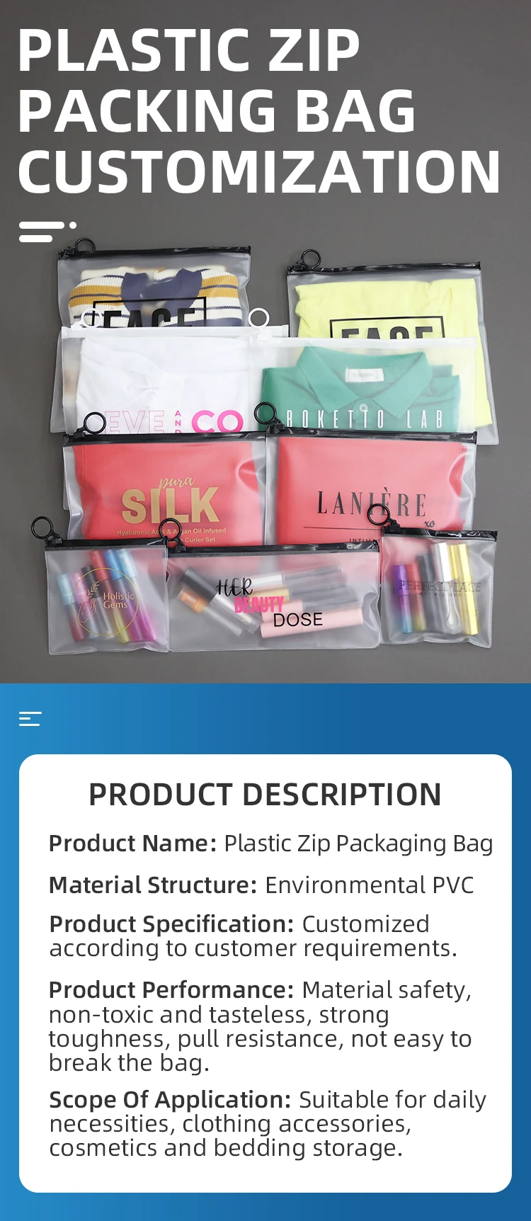 Plastic Pvc Packing Bags Pvc Zip Bags zipper Frosted Zipper Apparel Clothing Packaging