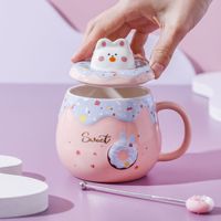귀여운 3D 도넛 토끼 세라믹 머그컵 400ml - 뚜껑과 스푼이 포함된 창의적인 만화 토끼 커피잔, 이상적인 사무실 선물 세트