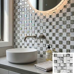 Mosaico de Piedra Natural de Mármol Carrara <span class=keywords><strong>Blanco</strong></span> Mixto con Espejo Biselado Cuadrado 3D para Baño y Cocina - Product Image 1