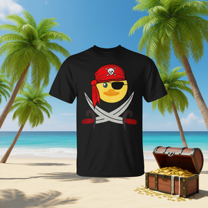 Camiseta de pato pirata con parche en el ojo y espadas, diseño novedoso y divertido, color negro - Product Image 3