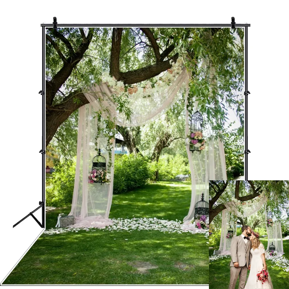 Primavera Casamento Backdrops Flor Verde Grama Árvore Cortina Festa De Aniversário Piquenique Ao Ar Livre Scenic Photo Backgrounds Para Photo Studio