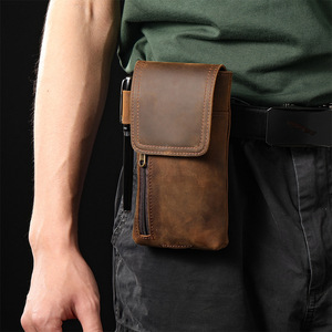 Vintage Top Grain Leather <b>Men</b> Waist Bag Multifunctional Magnetic Phone <b>Pouch</b> Belt Clip Purse Genuine Leather Wholesale - Product Image 4