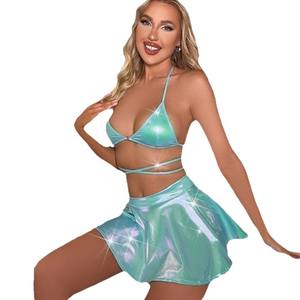 Эротический комплект из 3 предметов из искусственной кожи: бюстгальтер-бралетт, топ с перекрестными лямками и юбка с высокой талией. Идеально для клуба и фестивалей. - Product Image 5