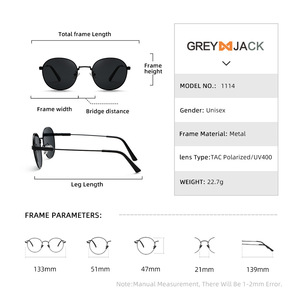 เกรย์แจ็คแว่นกันแดดทรงกลมโลหะ ยูวี 400 โพลาไรซ์ เลนส์ TAC ประเภท 3 ที่บังแดด กรอบสีดำ - Product Image 4