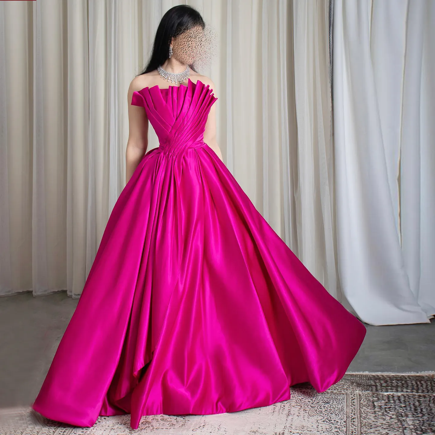 Arábia Saudita Fúcsia Cetim Dubai Vestido De Noite Para As Mulheres De Casamento 2024 Elegante Scalloped Long Formal Party Gown Sf011