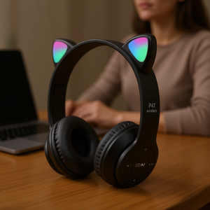Casque audio Myrva Cat Ear P47 sans fil BT 5.0 avec éclairage RGB, réduction de bruit, son stéréo, casque supra-auriculaire - Product Image 2