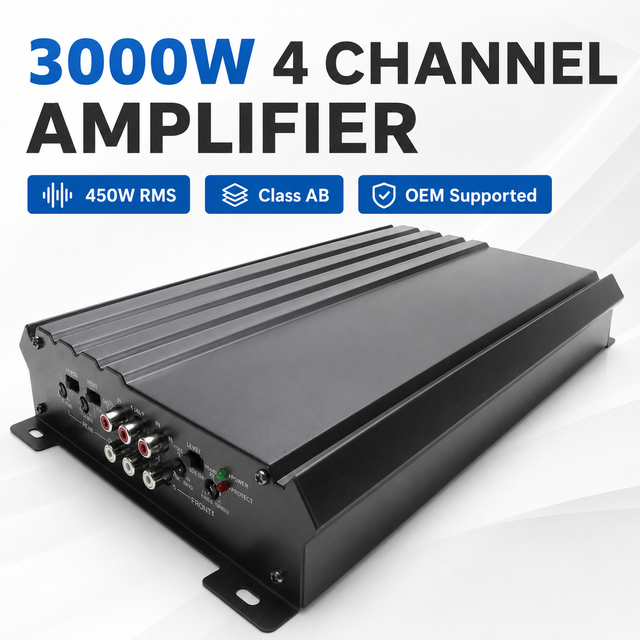 3000W Max 450W RMS 4 Channel Class AB Car Audio Amplifier 12V-24V DC Stereo Power Amp for Speaker Subwoofer OEM ODM KW45.1