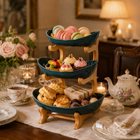Plateau de service en bambou à 3 niveaux avec bols en porcelaine, personnalisable avec logo OEM, pour présentation sur table de cuisine, plateau à fruits et snacks