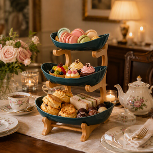 Plateau de service en <span class=keywords><strong>bambou</strong></span> à 3 niveaux avec bols en porcelaine, personnalisable avec logo OEM, pour présentation sur table de cuisine, plateau à fruits et snacks - Product Image 4