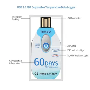 USB ทิ้งเครื่องบันทึกข้อมูลอุณหภูมิใช้ครั้งเดียว 60 วันเครื่องบันทึกการจัดส่งคอนเทนเนอร์ใช้งานร่วมกับ