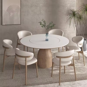 Mesa de Comedor Redonda de Piedra Sinterizada de 130 cm, 150 cm, 3 Pies, Mesa de Comedor Giratoria con Base de Madera Maciza para 6 a 8 Personas - Product Image 2