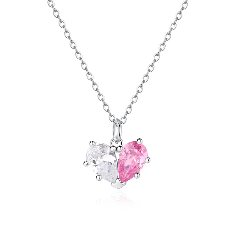 Summer 925 sterling silver white cz diamond fashion necklaces half pink heart pendant necklace jewelry for women